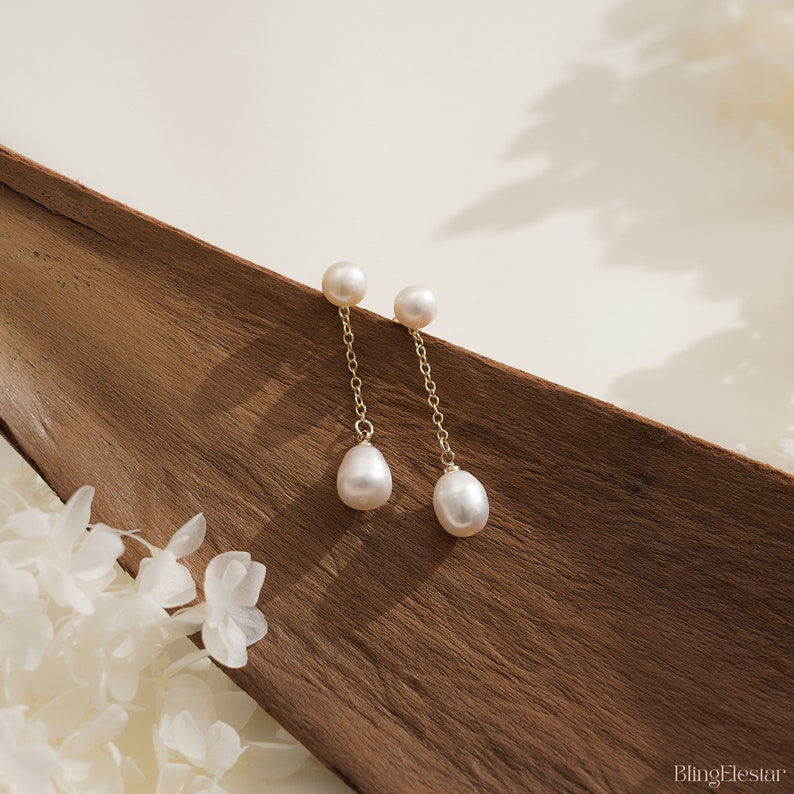 Minimalist Freshwater Pearls Earrings, Pearl Drop Earrings, Bridal Earrings, Stud Gold Pearl Earrings, Wedding Earrings, Bridesmaid Gift image 6