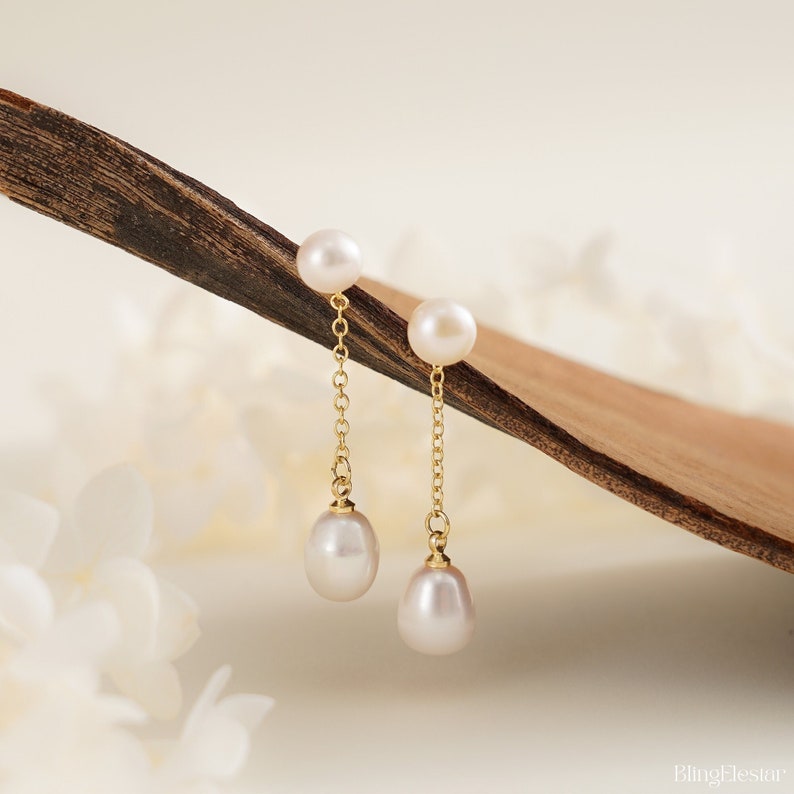 Minimalist Freshwater Pearls Earrings, Pearl Drop Earrings, Bridal Earrings, Stud Gold Pearl Earrings, Wedding Earrings, Bridesmaid Gift image 1