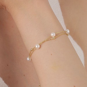 Double Chain Pearl Bracelet, Layer Gold Bracelet, Freshwater Pearls Bracelet, Pearl Beaded Bracelet, Wedding Bracelet, Bridesmaid Gifts image 7