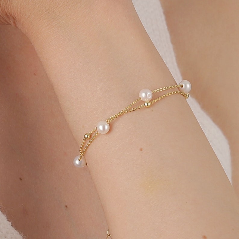 Double Chain Pearl Bracelet, Layer Gold Bracelet, Freshwater Pearls Bracelet, Pearl Beaded Bracelet, Wedding Bracelet, Bridesmaid Gifts image 7