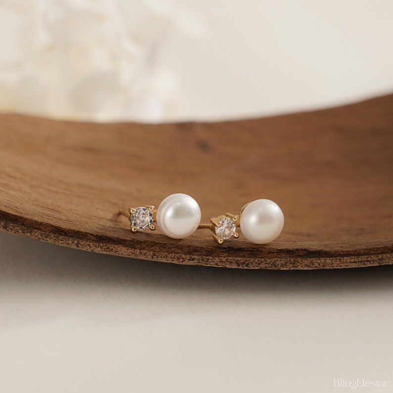 Diamond & Pearl Stud Earrings, Freshwater Pearl Stud Earrings,Bridal Jewelry, Crystal Pearl, Wedding Earrings, Bridesmaid Gifts, Mothers Day image 4