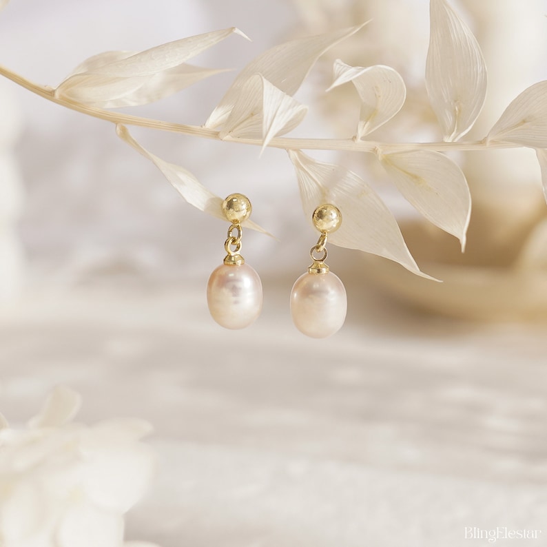 Real Freshwater Pearl Earrings, Minimalist Single Drop Pearls Earrings, Stud Gold Pearl Earrings,Bridesmaid Gift, Birthday, Mothers Day Gift image 5