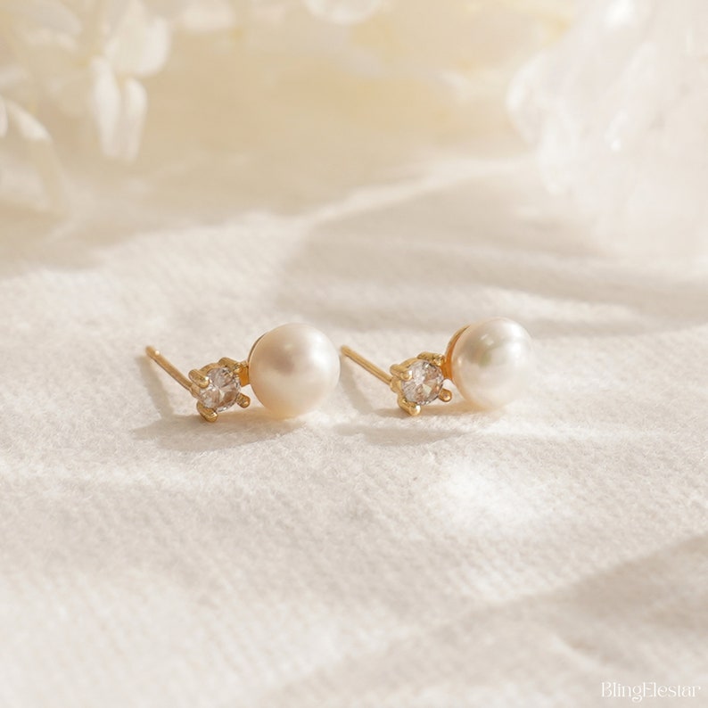 Diamond & Pearl Stud Earrings, Freshwater Pearl Stud Earrings,Bridal Jewelry, Crystal Pearl, Wedding Earrings, Bridesmaid Gifts, Mothers Day image 6