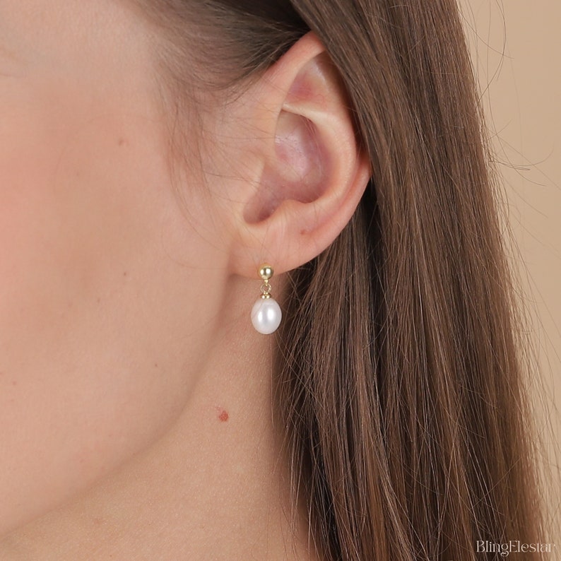 Real Freshwater Pearl Earrings, Minimalist Single Drop Pearls Earrings, Stud Gold Pearl Earrings,Bridesmaid Gift, Birthday, Mothers Day Gift image 3