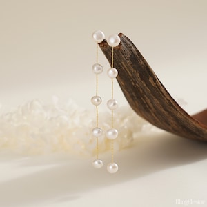 Delicati orecchini di perle lunghe, orecchini di perle multiple naturali, orecchini di perle pendenti, orecchini da sposa fatti a mano, orecchini di nozze, regalo da damigella d'onore immagine 7