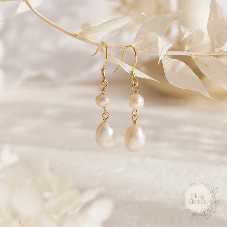 Real Freshwater Pearl Drop Earrings, Wedding Earrings, Gold Bridal Earrings, Bridesmaid Gift,Pearl Jewellery, Gift for Her, Mothers Day Gift image 1