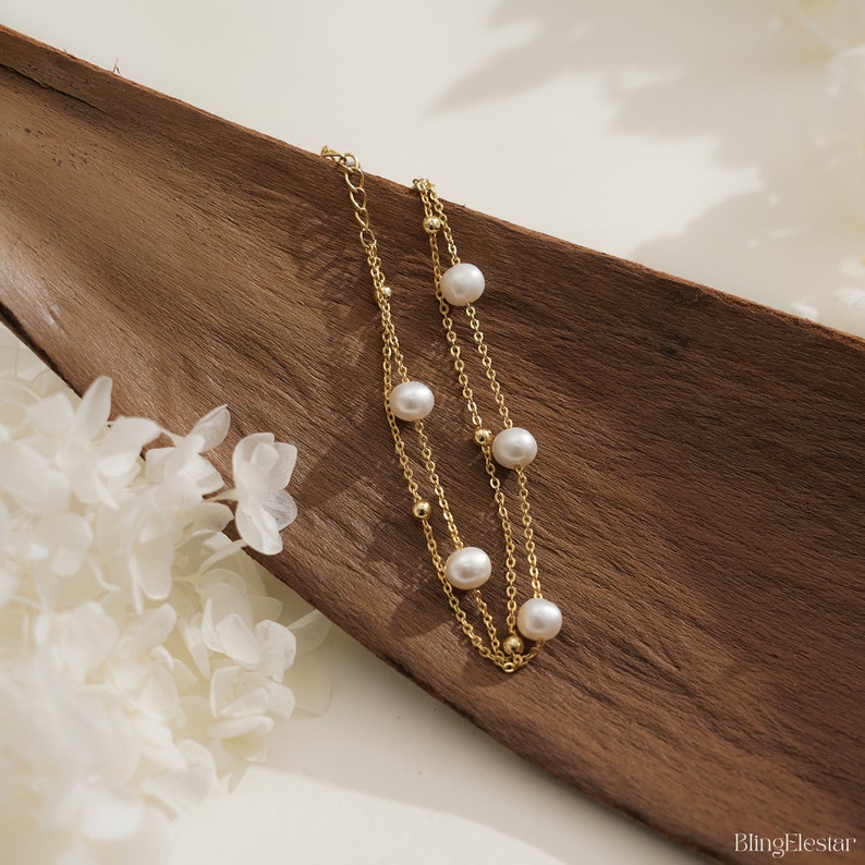 Double Chain Pearl Bracelet, Layer Gold Bracelet, Natural Freshwater Pearls Bracelet, Wedding Bracelet, Bridesmaid Gift, Mothers Day Gift image 2