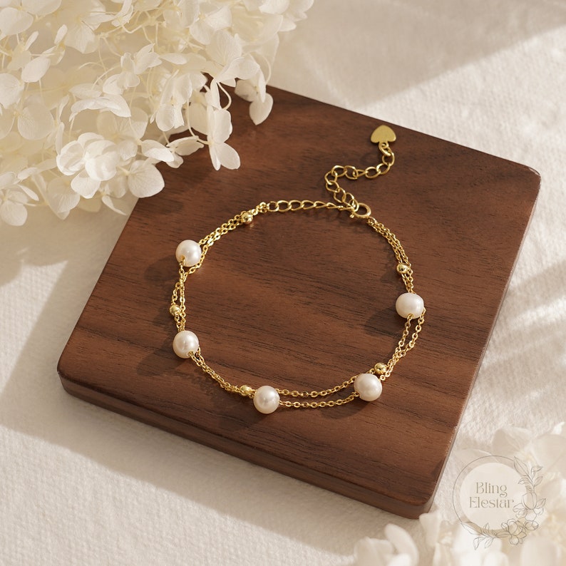 Double Chain Pearl Bracelet, Layer Gold Bracelet, Natural Freshwater Pearls Bracelet, Wedding Bracelet, Bridesmaid Gift, Mothers Day Gift image 10