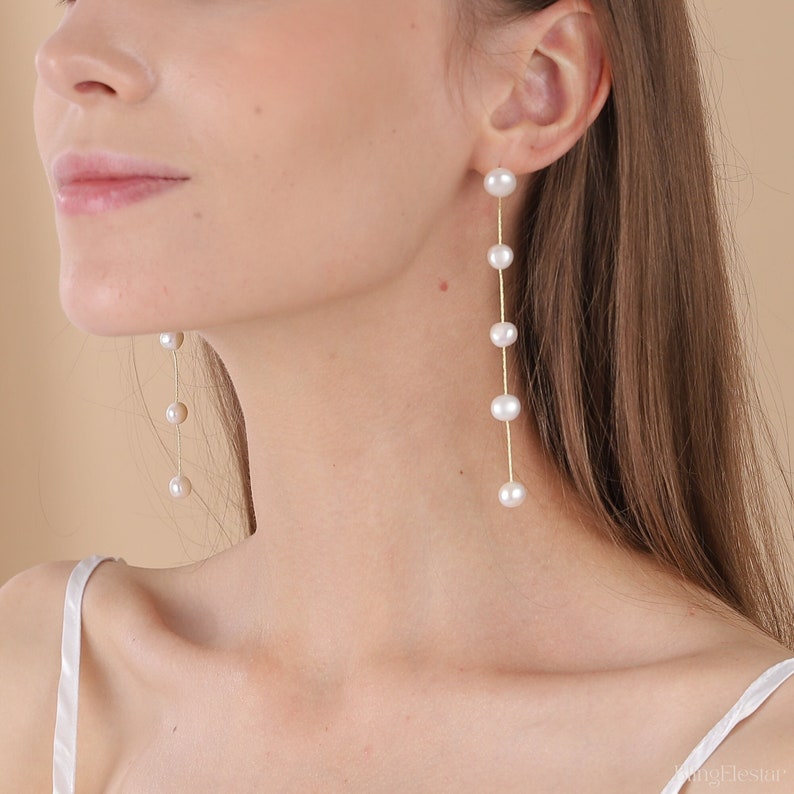 Dainty Long Pearl Earrings, Natural Multiple Pearls Earrings,Dangle Pearl Earrings,Handmade Bridal Earrings,Wedding Earrings,Bridesmaid Gift image 5