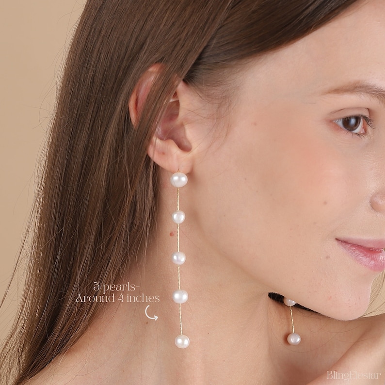 Dainty Long Pearl Earrings, Natural Multiple Pearls Earrings,Dangle Pearl Earrings,Handmade Bridal Earrings,Wedding Earrings,Bridesmaid Gift image 2