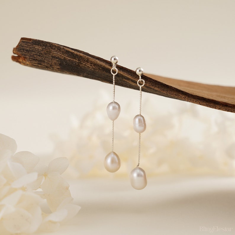 Freshwater Pearl Drop Earrings, Bridal Pearl Earrings, 18K Gold Dangle Earrings, Wedding Earrings,Mothers Day Gift for Mom, Bridesmaids Gift image 1