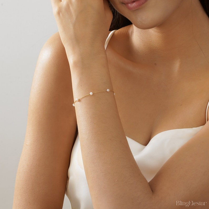Bracelet de perles en argent sterling 925, Bracelet de perles fines, Bracelet simple, Bracelet de mariée en or, Bijoux de mariage, Cadeau pour maman pour elle image 5