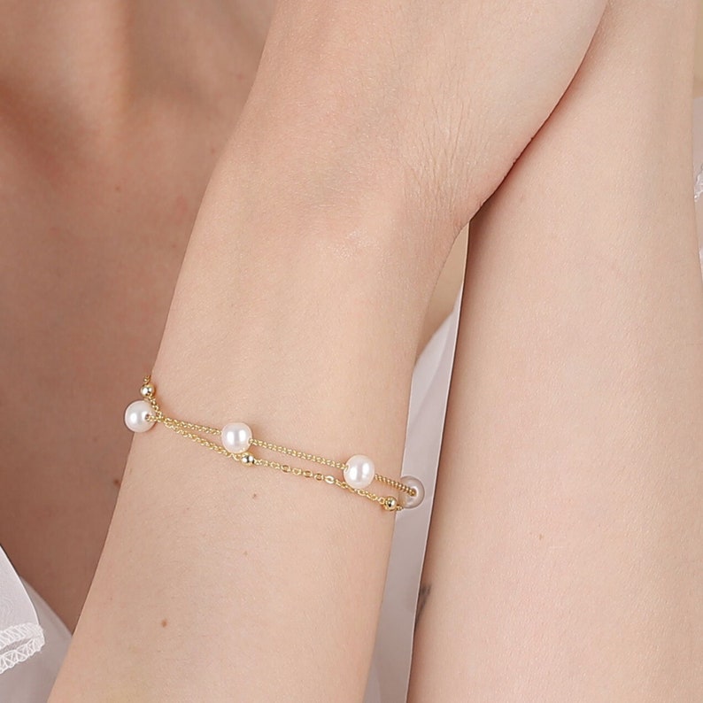 Double Chain Pearl Bracelet, Layer Gold Bracelet, Freshwater Pearls Bracelet, Pearl Beaded Bracelet, Wedding Bracelet, Bridesmaid Gifts image 6
