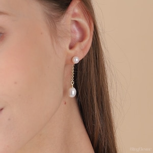 Minimalist Freshwater Pearls Earrings, Pearl Drop Earrings, Bridal Earrings, Stud Gold Pearl Earrings, Wedding Earrings, Bridesmaid Gift image 2