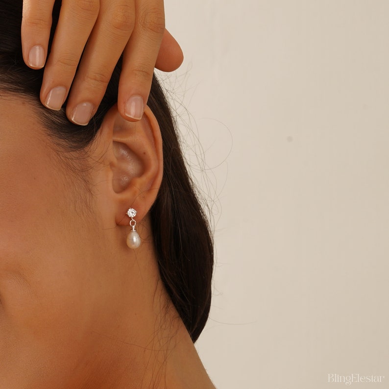 Dainty CZ Diamond Earrings, Stud Earrings, Minimalist Pearl Earrings, Birthday, Bridal Earrings,Pearl Drop Earrings, Bridesmaid Gift for Her image 5