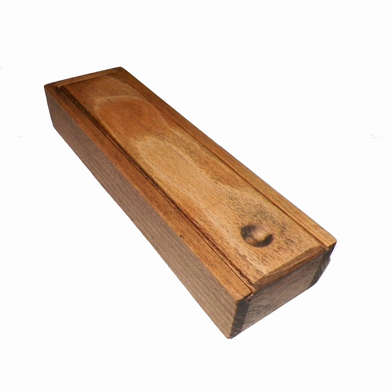 Wooden Pencil Box With a Sliding Lid / Antique Brown Beech Wood