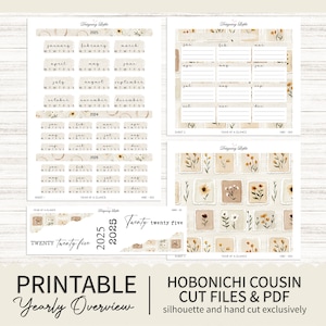Adesivos imprimíveis do Ano dos Primos de Hobonichi 2025 em resumo / Visão geral anual - Whimsey Wildflowers