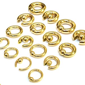 May include: A collection of 14 gold-colored circular body jewelry pieces with ball ends. The jewelry is arranged in a pyramid shape on a white background.