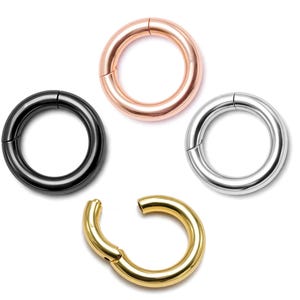 May include: Four circular body jewellery pieces in black, rose gold, silver, and gold. Each piece is a hinged ring, designed to be opened and closed. The jewellery is displayed against a white background.