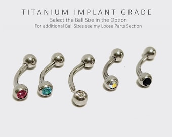 Eyebrow Curved Barbell Piercing With Gem Crystals - Titanium Implant - Body Piercing, Body Jewellery 18G 16G 14G - 6mm to 18mm