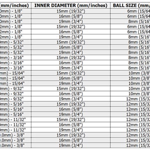 May include: A chart showing different gauge sizes for jewelry, with corresponding inner diameter and ball size measurements in millimeters and inches.