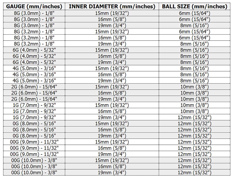May include: A chart showing different gauge sizes for jewelry, with corresponding inner diameter and ball size measurements in millimeters and inches.