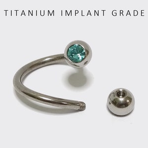 Titanium Spiral Piercing with Gem Crystals Lip Ring, Lip Jewellery, Twisted Barbell Helix Ring 16G 14G Body Piercing Aquamarine