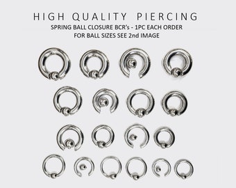 Surgical Steel Captive Bead Ring: Septum, Nipple, PA Piercing - Gauge Sizes 16g to 00G
