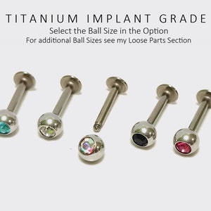 Labret Stud Lip Piercing with Gem Crystals - Titanium Implant - Body Piercing, Body Jewellery 18G 16G 14G - 6mm to 14mm
