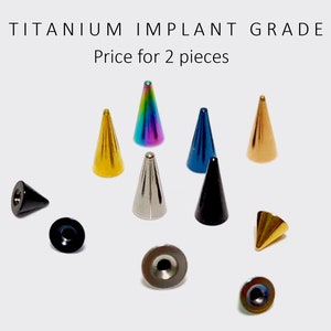 Op de afbeelding: Assortiment van conische piercingsieraden van titanium in implantatkwaliteit in verschillende kleuren, waaronder zwart, zilver, goud, blauw en regenboog. Prijs voor 2 stuks.