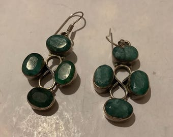 Vintage Genuine Natural Emerald Sterling Silver Earrings