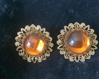 MIRIAM HASKELL Orange Glass Pools Of Light Filigree Clip On Earrings Signed