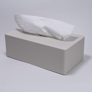 May include: A rectangular, pale grey tissue box with a stack of white tissues emerging from the top. The box features a ribbed design on the sides, giving it a textured look. The background is a plain, light grey.