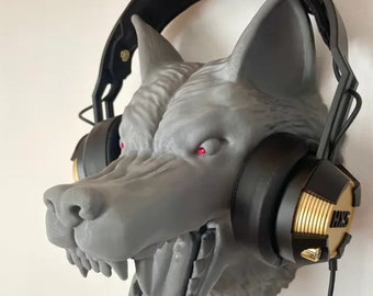Soporte para auriculares con forma de cabeza de lobo con opción de ojo LED | Soporte para auriculares con forma de lobo para montaje en pared | Decoración fantástica para salas de videojuegos | Regalo para gamers