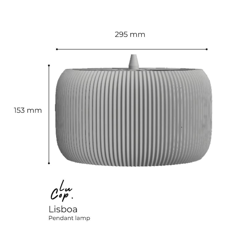May include: A gray, ribbed, cylindrical pendant lamp with a diameter of 11.6 inches and a height of 6 inches. The lamp is labeled "Lu.Cop. Lisboa Pendant lamp".