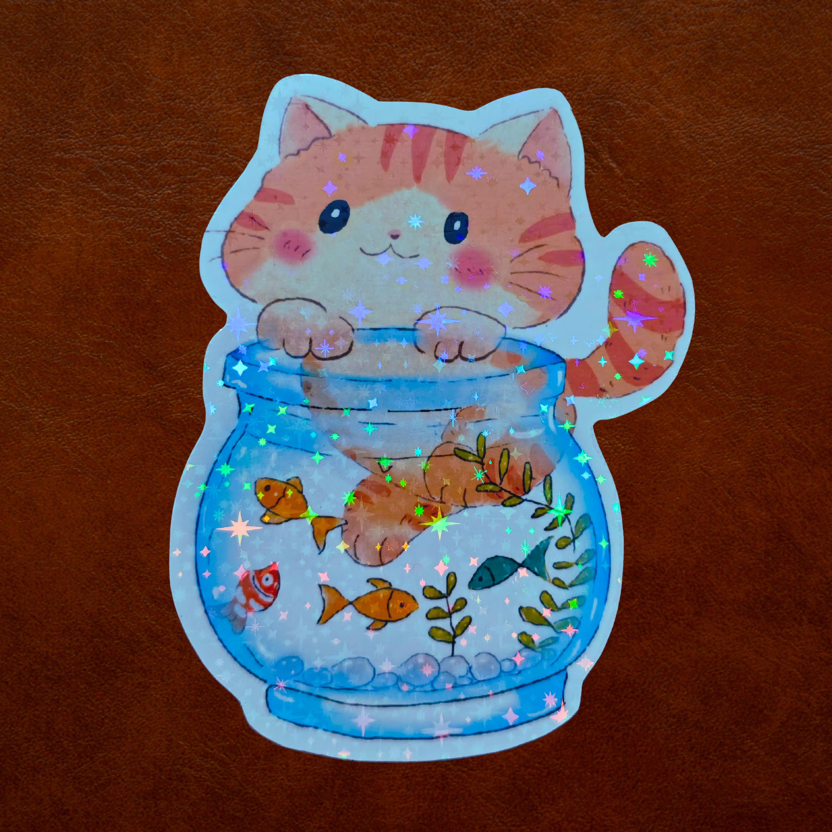 Fishbowl Cat Sticker | Cute Kawaii Cat Vinyl Decal| Waterproof Matte or ...