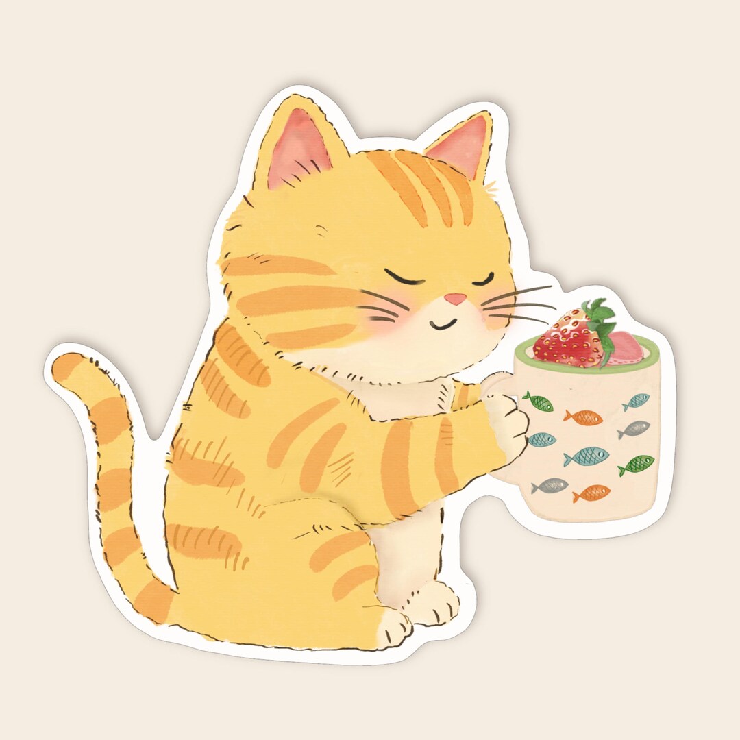 Strawberry Cat Mug Sticker – Kawaii Cozy Laptop Decal - Etsy