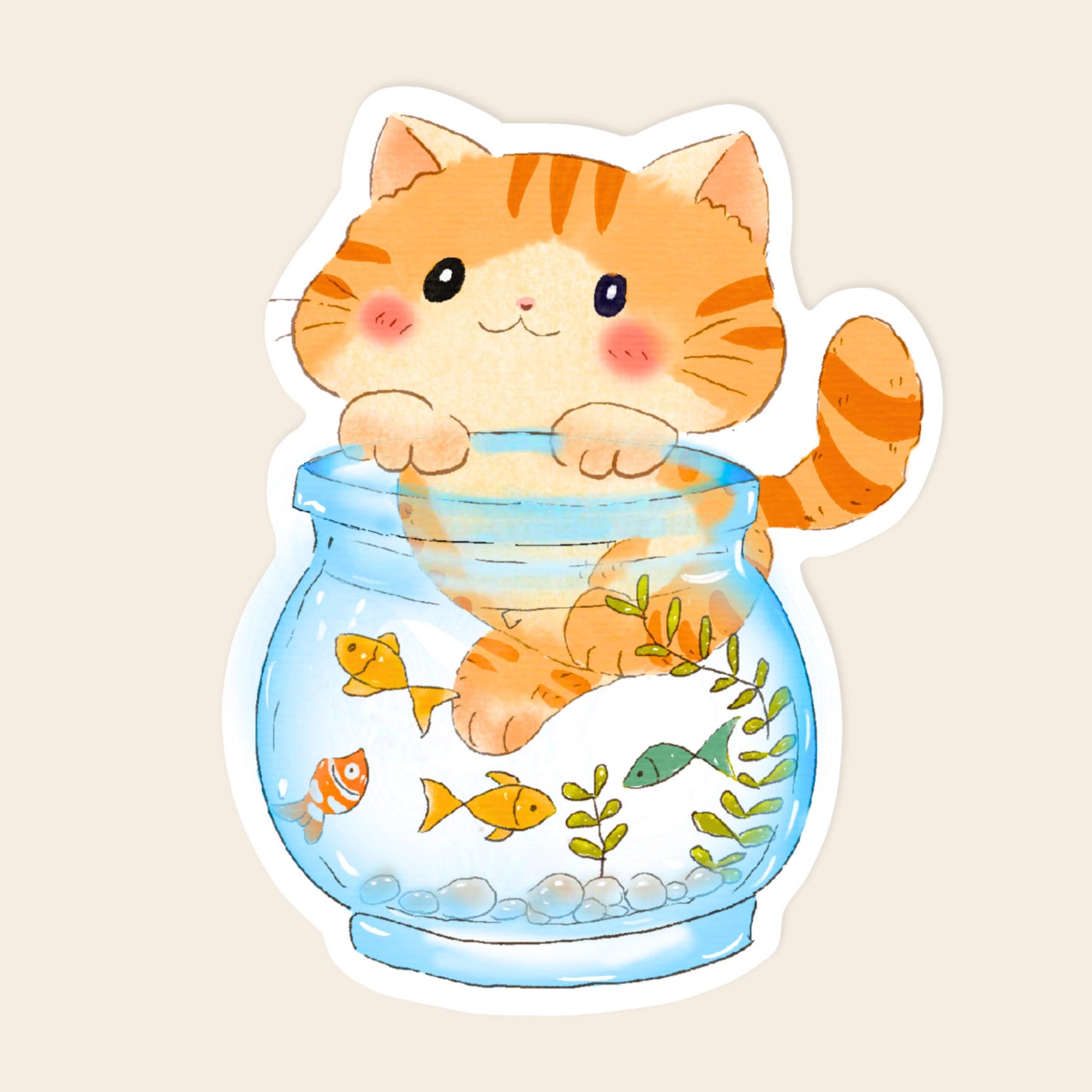 Fishbowl Cat Sticker | Cute Kawaii Cat Vinyl Decal| Waterproof Matte or ...