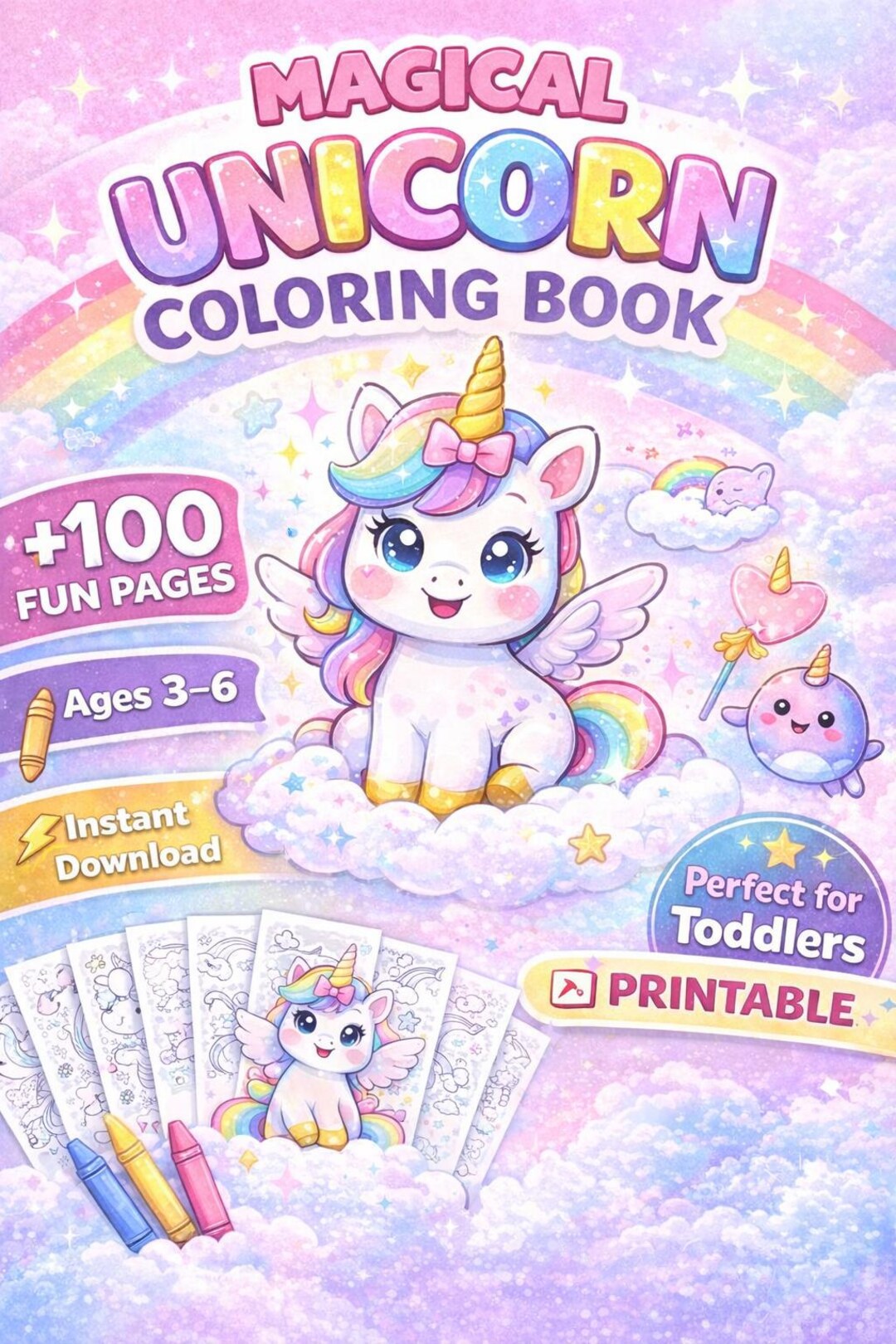 Magical Unicorn Coloring Book for Toddlers, Ages 3-6, Printable ...