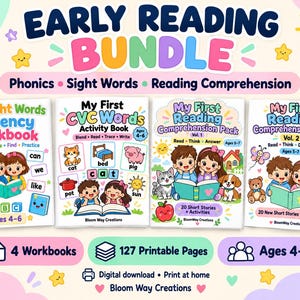 Könnte beinhalten: Ein Frühlese-Paket mit vier pädagogischen Arbeitsheften für Kinder im Alter von 4 bis 7 Jahren. Die Titel umfassen My Sight Words Fluency Workbook, My First CVC Words Activity Book und zwei Bände des My First Reading Comprehension Pack mit 127 Seiten.