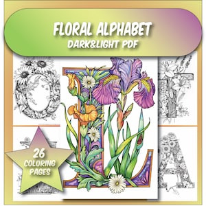 Alphabet floral - 26 pages à colorier en niveaux de gris, Alphabet fleuri de A à Z, livre de coloriage pour adultes, téléchargement immédiat au format PDF