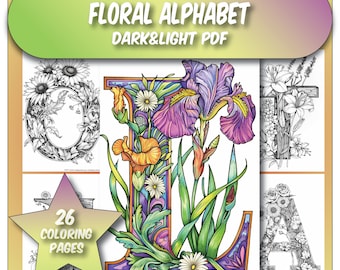 Floral Alphabet- 26 Grayscale Coloring Pages, Flowery Alphabet From A-Z, Adults Coloring Book, Instant Download Pdf