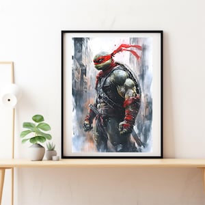 May include: A watercolor painting of a Teenage Mutant Ninja Turtle, wearing a red bandana and a black mask, standing in a city setting. The turtle is holding a katana sword in its right hand.