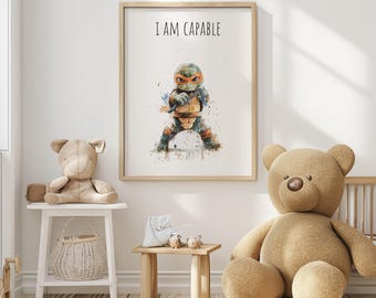 Turtle Affirmation 'I Am' , Boys Room Decor, I am Capable Ninja Affirmation, Kids Wall Art
