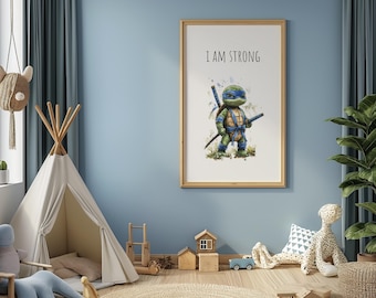 Turtle Affirmation 'I Am' , Boys Room Decor, I am Strong Ninja Affirmation, Kids Wall Art