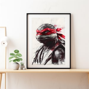 Könnte beinhalten: Schwarzweiß-Illustration einer Teenage Mutant Ninja Turtle mit roter Maske. Die Schildkröte ist in einem realistischen Stil mit einem detaillierten Gesicht und Panzer gezeichnet.