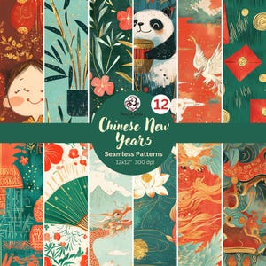 Può includere: Dodici motivi digitali di carta con temi del Capodanno cinese. I motivi includono un panda, una fenice, un drago, fiori e disegni geometrici in rosso, oro, verde e blu.