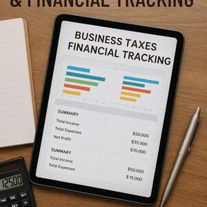 May include: A digital product image with the text "BUSINESS TAXES & FINANCIAL TRACKING" and "DIGITAL PRODUCT". A tablet displays financial data, a calculator, a pen, and a notepad are on a wooden surface.
