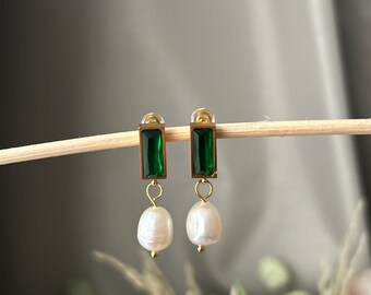 Emerald and Fresh Water Pearl Drop Earrings 18K Gold Plated