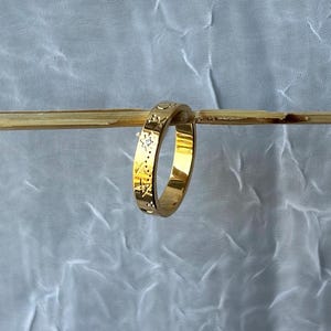 Block ring with Star Moon and Gemstone detail | Gold plated Band